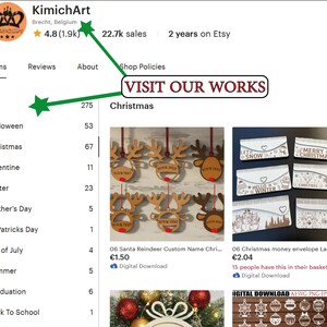 Op de afbeelding: Schermafbeelding van een Etsy-winkel, KimichArt, gevestigd in Brecht, Belgi&euml;. De winkel heeft 22,7k verkopen en een beoordeling van 4,8 sterren. De winkel biedt items voor verschillende gelegenheden, waaronder Kerstmis, Halloween en Valentijnsdag. De tekst "BEZOEK ONZE WERKEN" is zichtbaar.