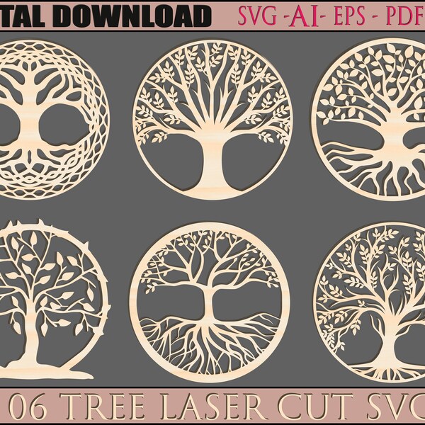 06 File Svg tagliati al laser per alberi, file vettoriali per il taglio laser del legno, SVG, PDF, EPS, Ai.