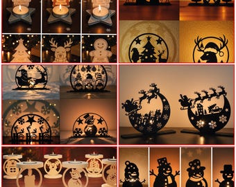 May include: A collection of Christmas-themed candle holders. Includes wooden figures of Santa, snowmen, and gingerbread men, along with metal silhouettes of reindeer, stars, and Santa's sleigh. The candle holders are designed to hold tea lights.