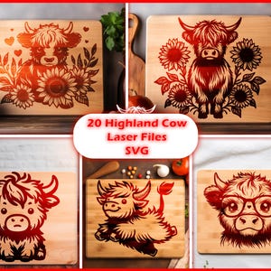 20 Highland Cow Laser Files SVG, Cutting Board SVG, Highlander Cow Laser Engraving Bundle, Charcuterie Board Svg, Floral Baby Cow