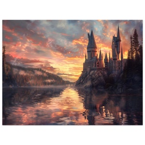 Bezaubernde Zauberwelt Schloss Sonnenuntergang Ölgemälde Wandkunst. Gemütlicher See Aquarell Waldkunst. Mattes Museumsqualitätspapier ODER Leinwanddruck.