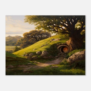 May include: A painting depicting a hobbit hole with a round wooden door, nestled into a grassy hillside. A large tree with green leaves provides shade over the entrance. The scene is bathed in warm, golden light.
