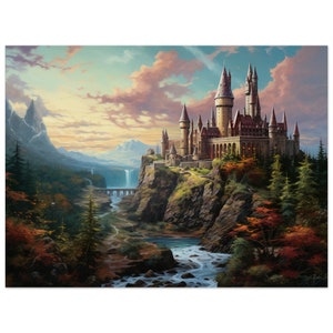 Pittura a olio del castello del mondo magico, paesaggio della foresta, arte murale. Stampa accogliente del castello. Stampa su carta opaca o su tela.