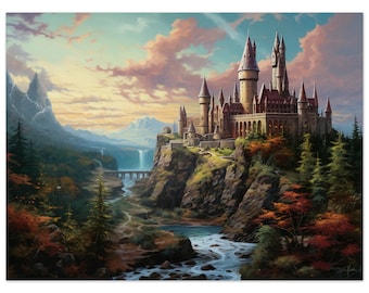 Wizarding World Castle Oil Painting Forest Landscape Wall Art. Cozy Castle Print. Matte Paper OR Canvas Print.