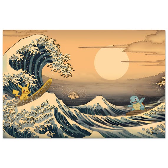 Pocket Monsters Surfing Japanese Great Wave Inspired Ukiyo-e Art