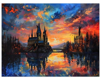 Heldere tovenaarswereld kasteel zonsondergang schilderij natuur muurkunst print. Heldere aquarel kasteelkunst. Mat papier of canvas van hoge kwaliteit.