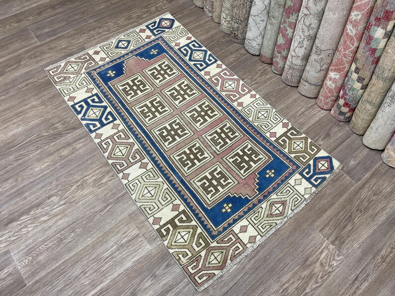 3x5 Pink Blue Vintage Turkish Rug, 3x5 Small Oushak Rug, Handmade Wool