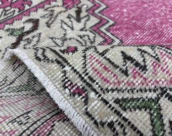 3x6 Pink Green Vintage Turkish Runner, Hand-Knotted Wool Rug, Colorful Oushak Runner, Bathroom, Kitchen, Hallway, Nursery, Entryway Decor
