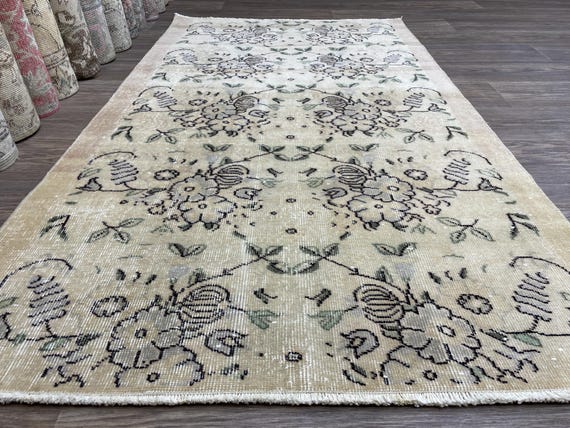 厚みウール　くすみベージュ　グリーン　ロング　ランナー　トルコヴィンテージラグ 厚みウール くすみベージュ グリーン ロング ランナー トルコ