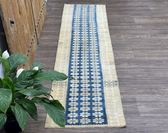 2 x 8 marineblauwbeige vintage Oushak-loper, bloemen Turkse loper, handgeknoopt wollen tapijt, gang, badkamer, keuken, trapdecoratie, 1,9 x 7,7 ft