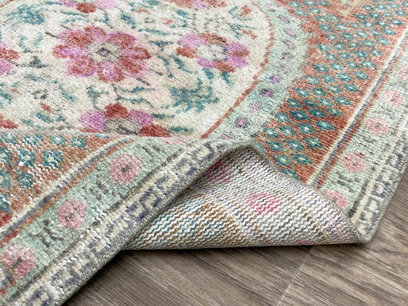 3x4 Green Pink Turkish Rug, 3x4 Handmade Vintage Rug, Wool on Cotton