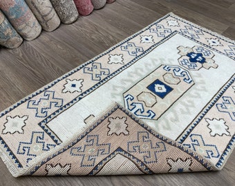 2x4 White Pink Blue Handmade Turkish Rug, 2x4 Handmade Oushak Rug, Neutral Wool Rug, Bathroom, Kitchen, Entry Rug, Home Decor, 2.4x4.0 Ft
