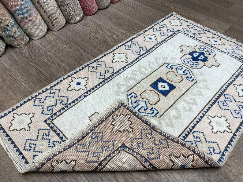2x4 Turkish Rug, Small Oushak Rug, 2x4 White Pink Blue Rug, Natural