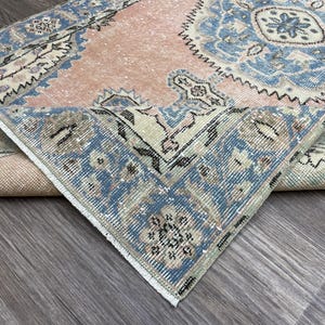 Vintage Turkish Oushak Runner Rug: 3.5x6.8 ft, Salmon Pink & Blue