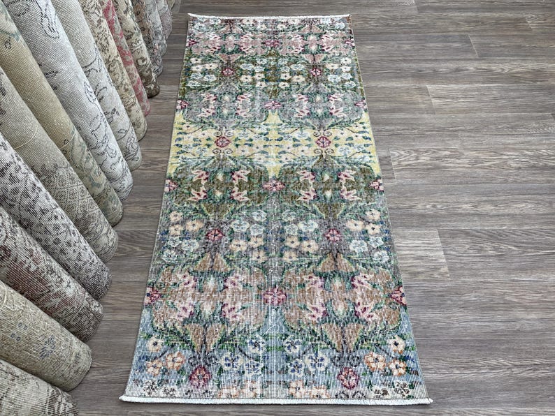 3x6 Green Pink Turkish Runner Rug, 3x6 Vintage Oushak Runner, Handmade