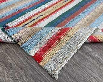 4 x 6 vintage gestreepte flatweave Turkse kelim, handgeweven Anatolisch wollen vloerkleed, keuken, badkamer, hal, woonkamerdecor, 3,7 x 6,4 ft
