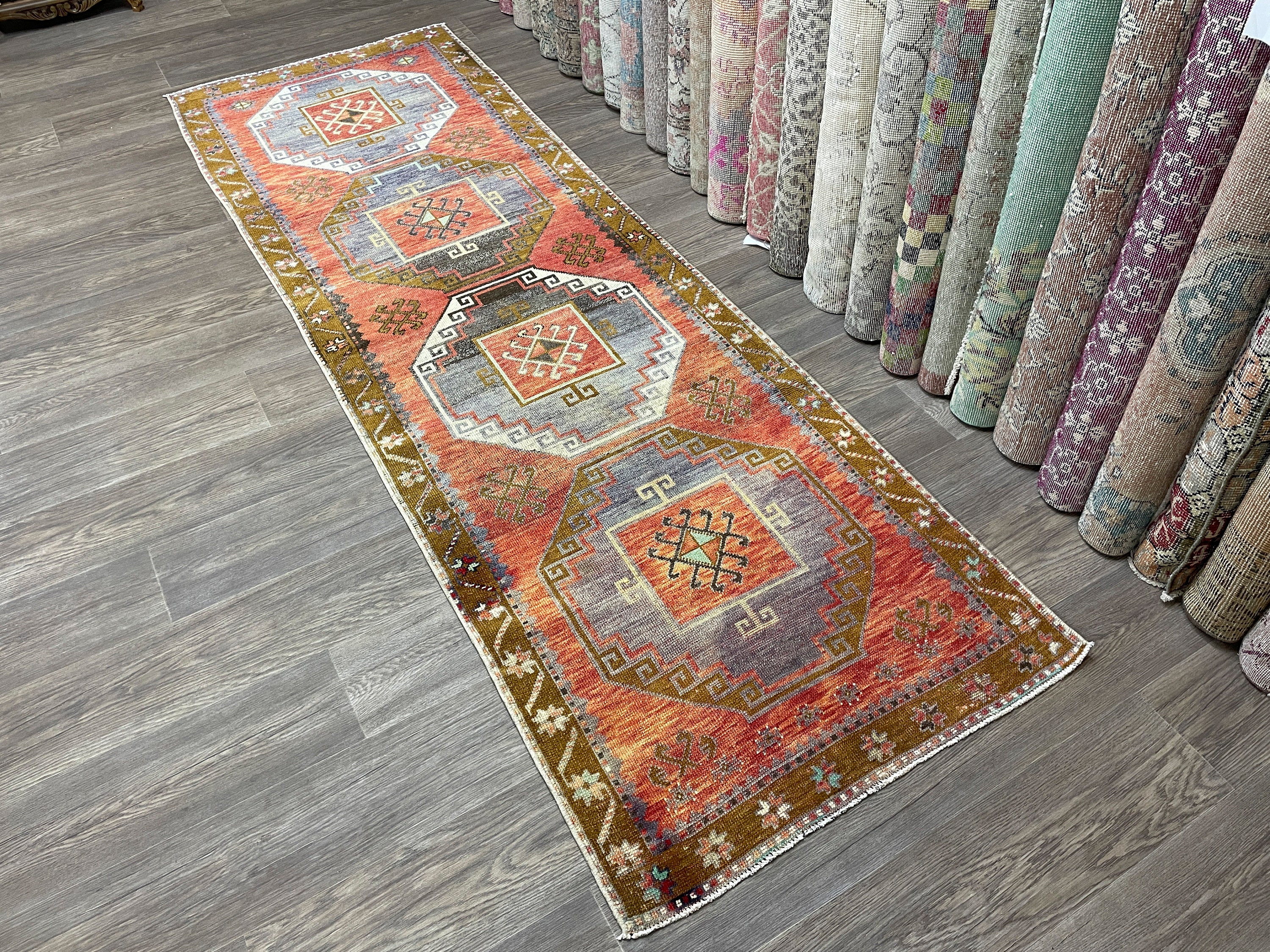 3x9 Red Blue Green Turkish Runner Rug, 3x9 Vintage Oushak Runner, Hand ...