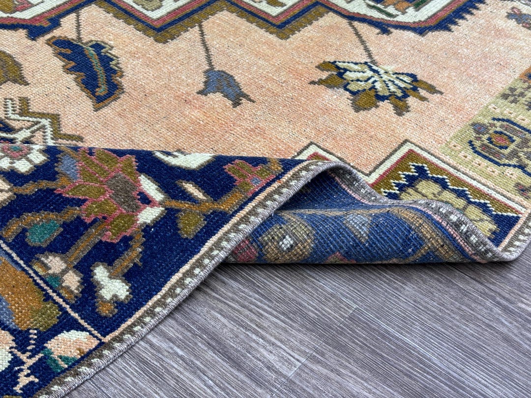 3x3 Blue & Pink Vintage Small Turkish Rug, Hand-knotted Wool Rug ...