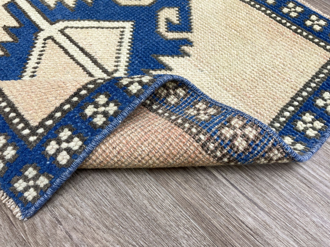 2x2 Beige Blue Turkish Door Mat Rug, 2x2 Handmade Bath Mat, Natural ...
