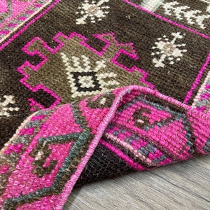 Brown Pink Turkish Door mat, Handmade Vintage Rug, Oushak  Bath mat, Decorative Small Rug, Bathroom, Kitchen, Laundry, Entry mat, 1.5x2.9 Ft