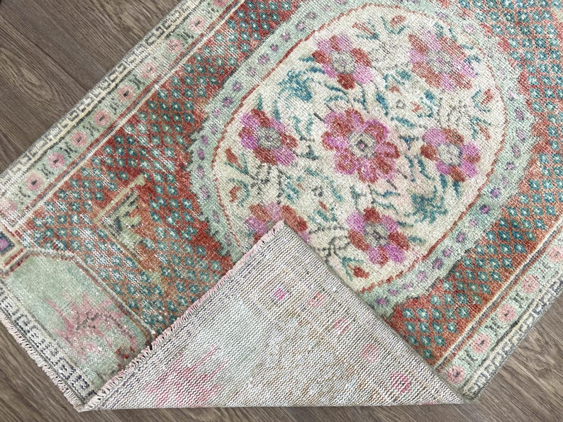 3x4 Green Pink Turkish Rug, 3x4 Handmade Vintage Rug, Wool on Cotton
