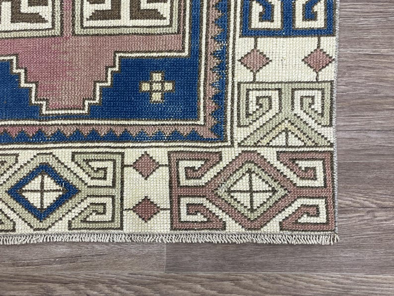 3x5 Pink Blue Vintage Turkish Rug, 3x5 Small Oushak Rug, Handmade Wool