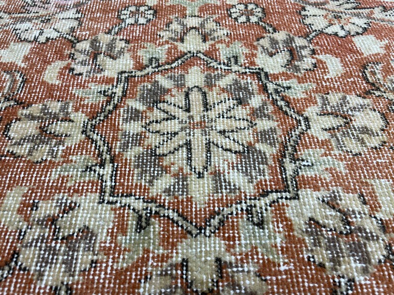 4x6 Orange Brown Turkish Rug, 4x6 Vintage Oushak Rug, Handmade Wool Rug