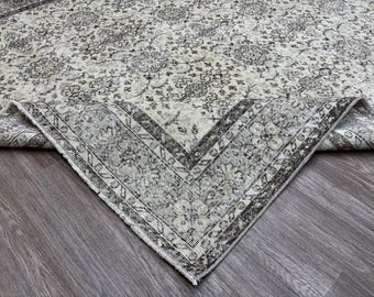 7x10 Beige Brown Oushak Rug: Hand-Knotted Vintage Turkish Wool Rug