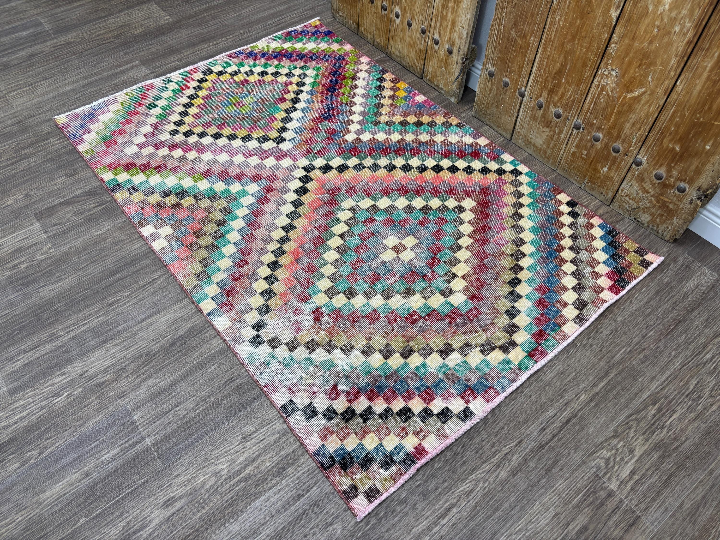 4x6 Vintage Colorful Geometric Turkish Area Rug, Check Motifs Oushak ...