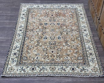 4x6 Vintage Turkish Rug, Hand-Knotted Wool Rug, Floral Antique Oushak in Brown Beige Blue, Living Room, Bedroom, Office Decor, 3.8x5.7 ft