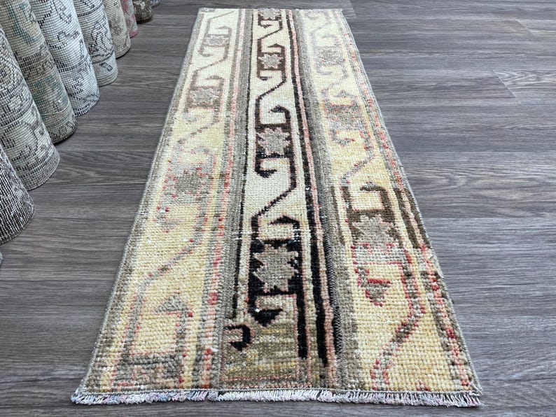 2x5 Beige Brown Turkish Runner Rug, 2x5 Vintage Patchwork Runner
