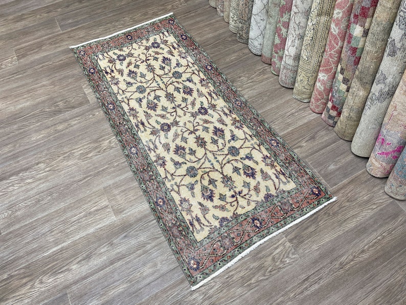 3x6 Turkish Runner Rug, Beige Red Green Vintage Rug, 3x6 Handmade Wool