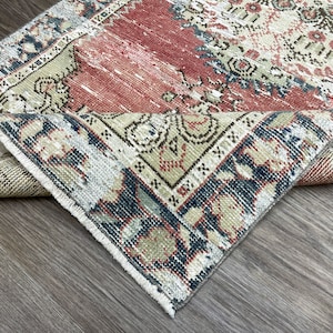 3x6 Red Blue Distressed Vintage Turkish Runner, Hand-Knotted Wool Rug, 3x6 Oriental Oushak Rug, Kitchen, Entryway, Bathrooom Rug, 2.8x6.3 Ft