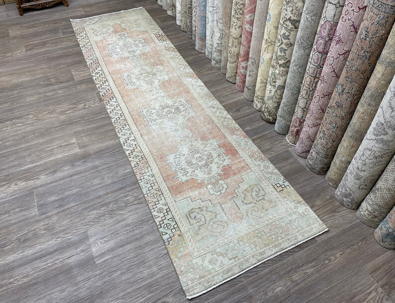 3x10 Red Beige Turkish Runner Rug, 3x10 Vintage Oushak Runner, Neutral