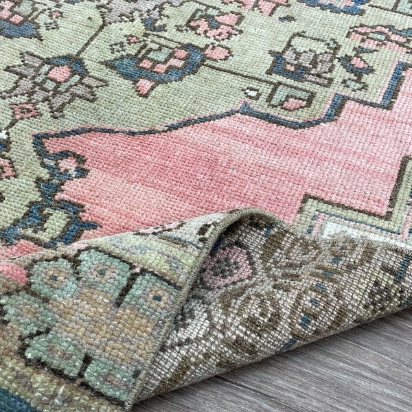 3x9 Pink Green Blue Turkish Runner, 3x9 Handmade Rug, Natural Wool Runner, Oushak Hall, Kitchen, Stair, Entry Runner, Home Decor, 2.8x8.7 Ft