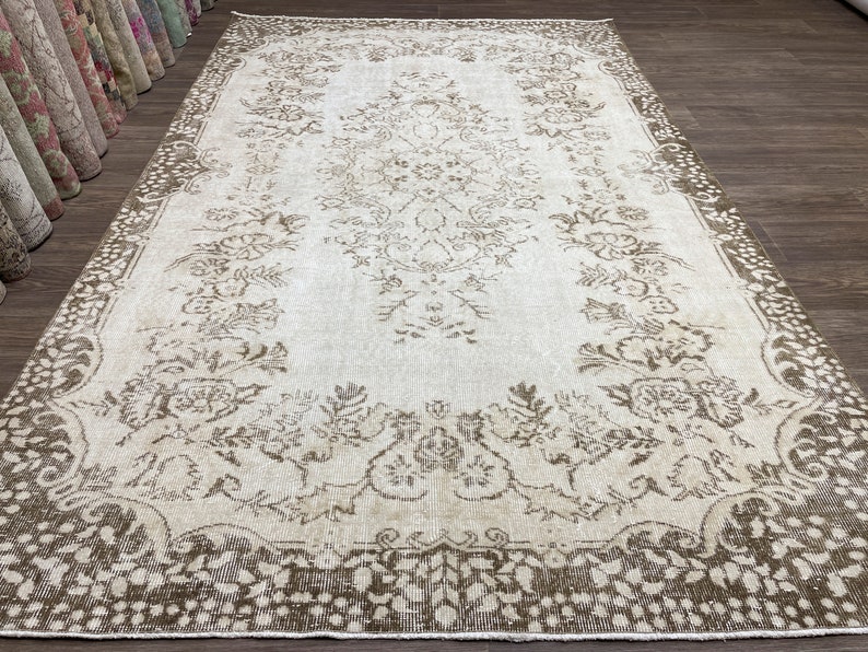 6x10 Turkish Area Rug, 6x10 Beige Brown Vintage Oushak Rug, Handmade