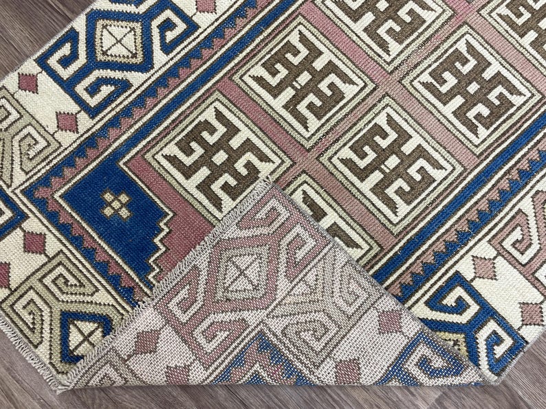 3x5 Pink Blue Vintage Turkish Rug, 3x5 Small Oushak Rug, Handmade Wool