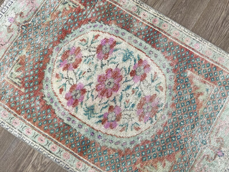 3x4 Green Pink Turkish Rug, 3x4 Handmade Vintage Rug, Wool on Cotton
