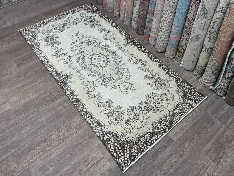 4x7 Beige Brown Turkish Rug, 4x7 Handmade Rug, Natural Wool Rug, Vintage Area Rug, Oushak Living Room, Bedroom, Kids, Office Rug, 3.7x7.1 Ft 画像 8