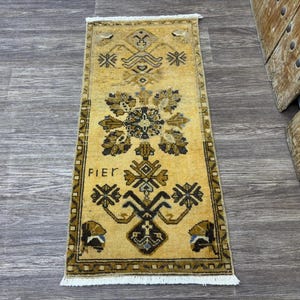 1x3 Gold and Brown Vintage Turkish Door mat Rug, Small Oushak, Boho Bathmat, Hand-Knotted Wool Rug, Bathroom, Entryway Decor, 1.5x3.3 Ft