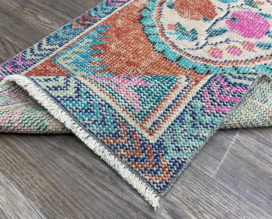 2x4 Red Blue Pink Vintage Rug, Hand-knotted Wool Rug, 2x4 Floral Rug ...