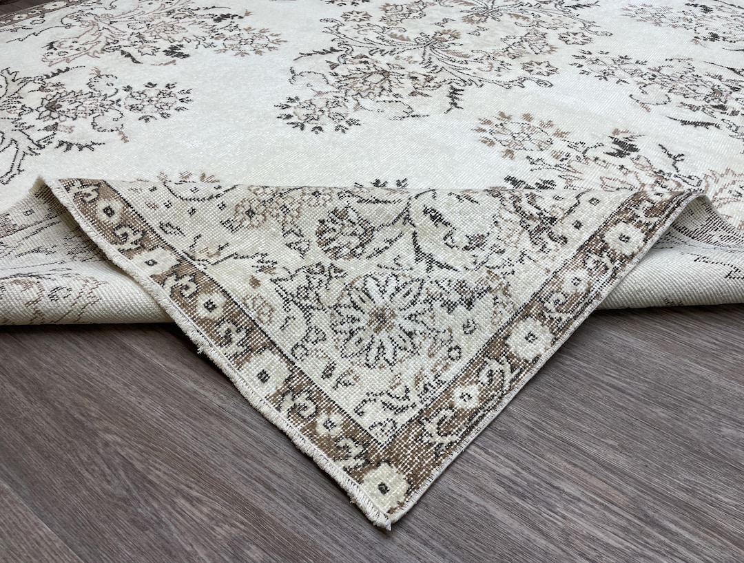Cream Turkish Rug 7x11 Cream Brown Vintage Turkish Rug: Hand-knotted Wool Rug, Soft ...