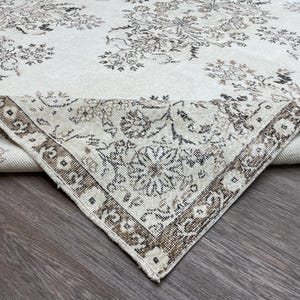 Cream Brown Oushak Rug: 7x11 Vintage Hand-Knotted Wool Turkish Rug