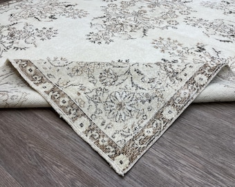 7x11 Cream Brown Vintage Turkish Rug: Hand-Knotted Wool Rug, Soft Neutral Oushak, Boho Living Room, Bedroom, Antique Decor, 6.7x10.6 ft