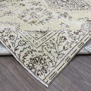 6x9 Vintage Turkish Oushak Rug: Beige Brown Hand-Knotted Wool Rug