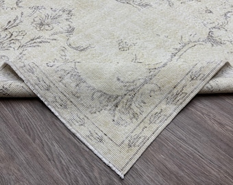 Hand-Knotted Turkish Oushak Rug: 7x10 Beige Wool Vintage Area Rug