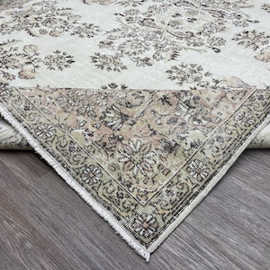 Handmade 7x11 Oushak Rug: Beige, Pink & Brown Vintage Turkish Rug