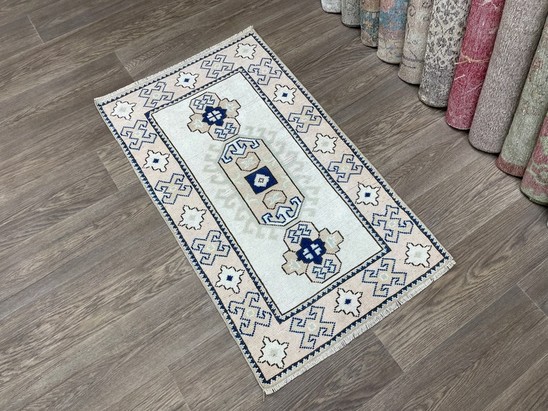 2x4 Turkish Rug, Small Oushak Rug, 2x4 White Pink Blue Rug, Natural