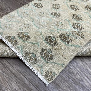 2x11 Beige Brown Vintage Turkish Runner Rug, Hand-Knotted Wool Runner, 2x11 Oushak Runner, Hallway, Kitchen, Entryway Runner, 2.4x10.8 Ft
