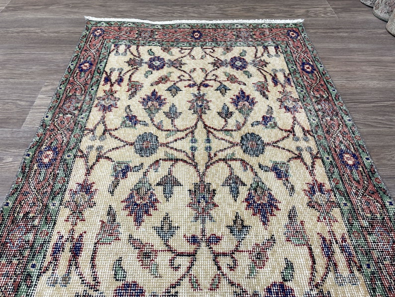 3x6 Turkish Runner Rug, Beige Red Green Vintage Rug, 3x6 Handmade Wool
